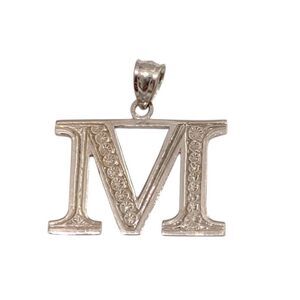 14k White Gold Etched M Pendant Charm For Necklace Or Charm Bracelet